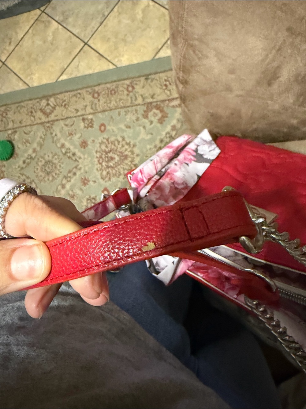 Quilted Red Top-Handle Tote with Floral Scarf - Picture 7 of 8